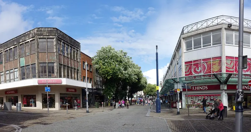 Swansea's pedestrianised Oxford Street on a sunny day, with shops on both corners, a flowering tree and shoppers in the distance